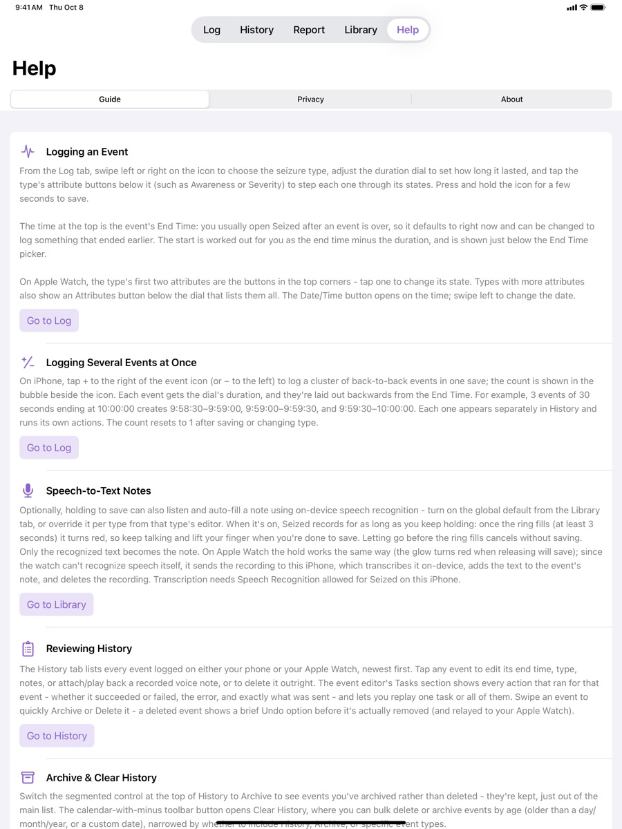 iPad in-app help guide