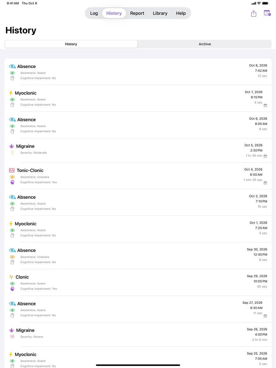 iPad history list of events