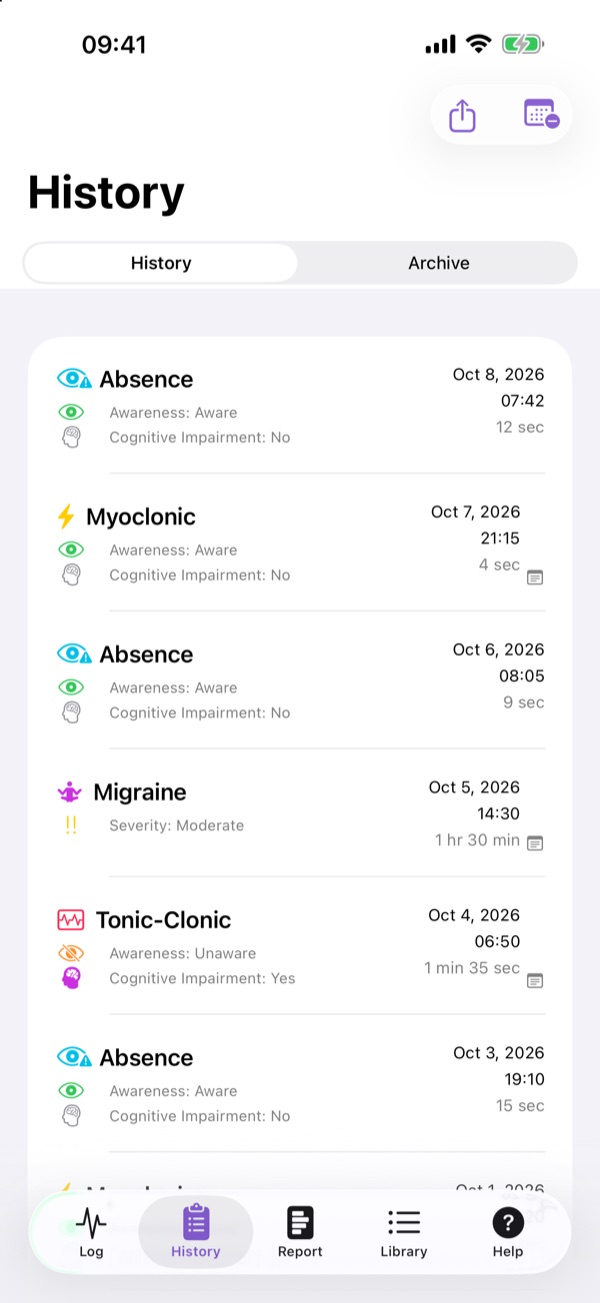 iPhone history list of events with attributes and durations